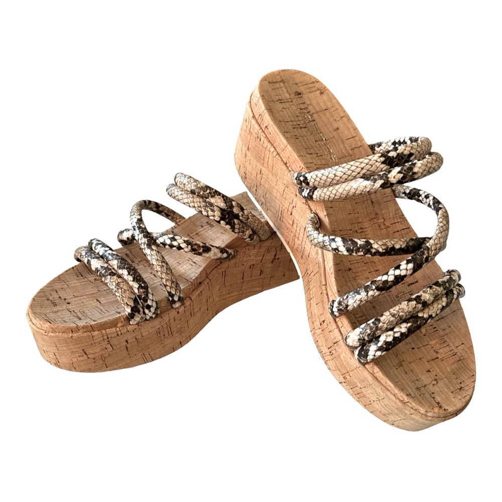 J/Slides Quay Natural Platform Wedge Snakeskin Embossed Leather Size 7
